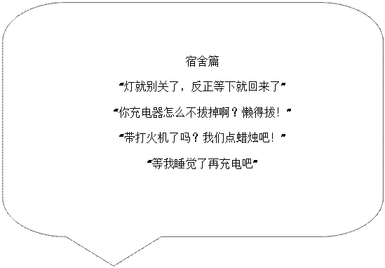 對話氣泡: 圓角矩形: 宿舍篇“燈就别關了，反正等下就回來了”“你充電器怎麼不拔掉啊？懶得拔！”“帶打火機了嗎？我們點蠟燭吧！”“等我睡覺了再充電吧”
